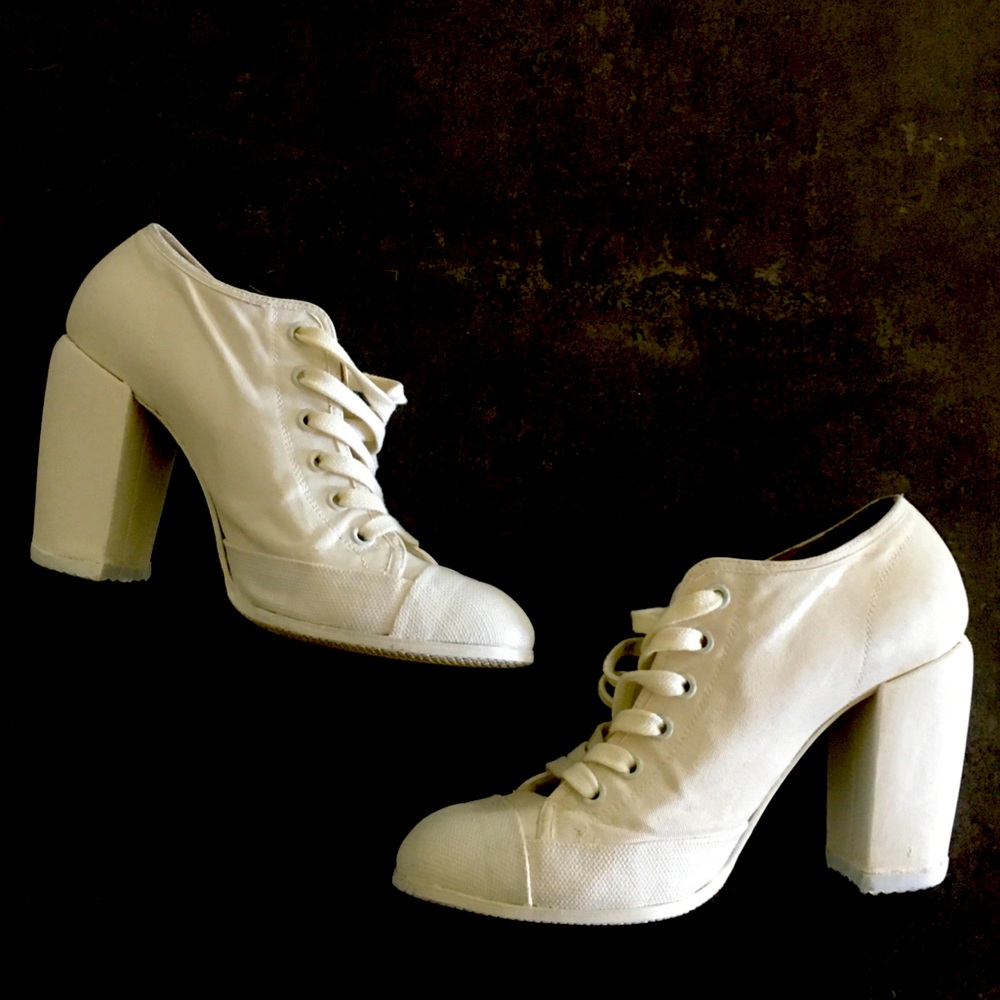 Dries Van Noten white lace up ankle booty block heel canvas